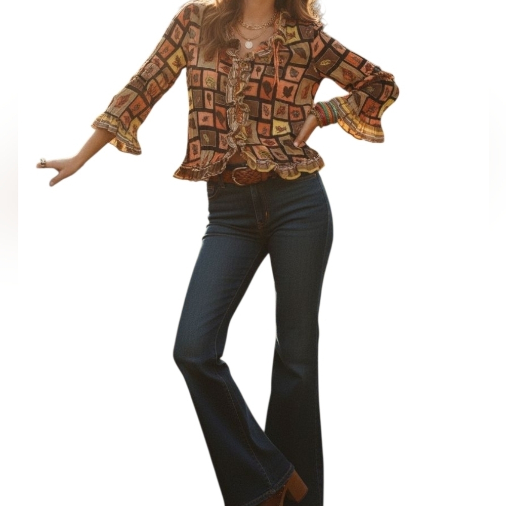 🍂​ Vintage Fall Leaf Print Ruffled V-Neck Blouse by Jaipur (Size L)